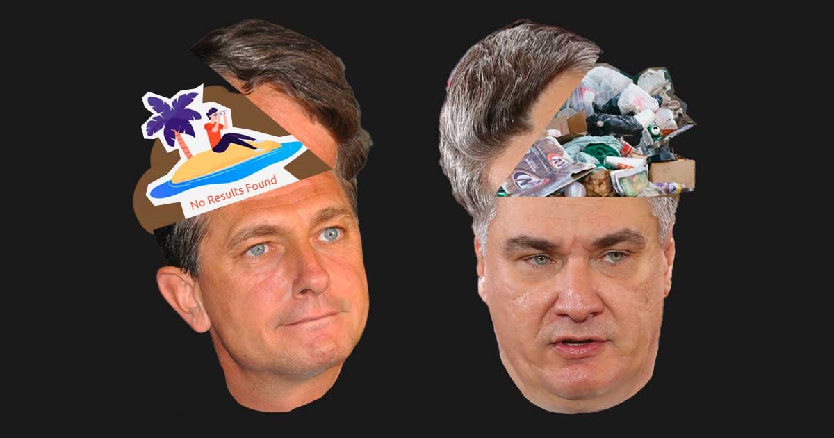 Odprti glavi Pahorja in Milanovića, kjer na mestu Pahorjevih možganov piše No results found, na mestu Milanovićevih možganov pa je kup smeti.