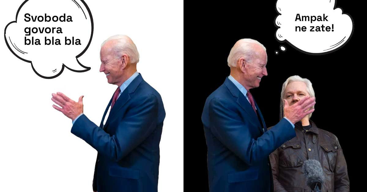 Na levi polovici slike je Biden z oblačkom, v katerem piše: