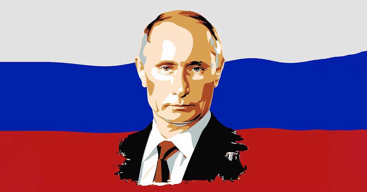 Ilustracija Putina na ruski zastavi.