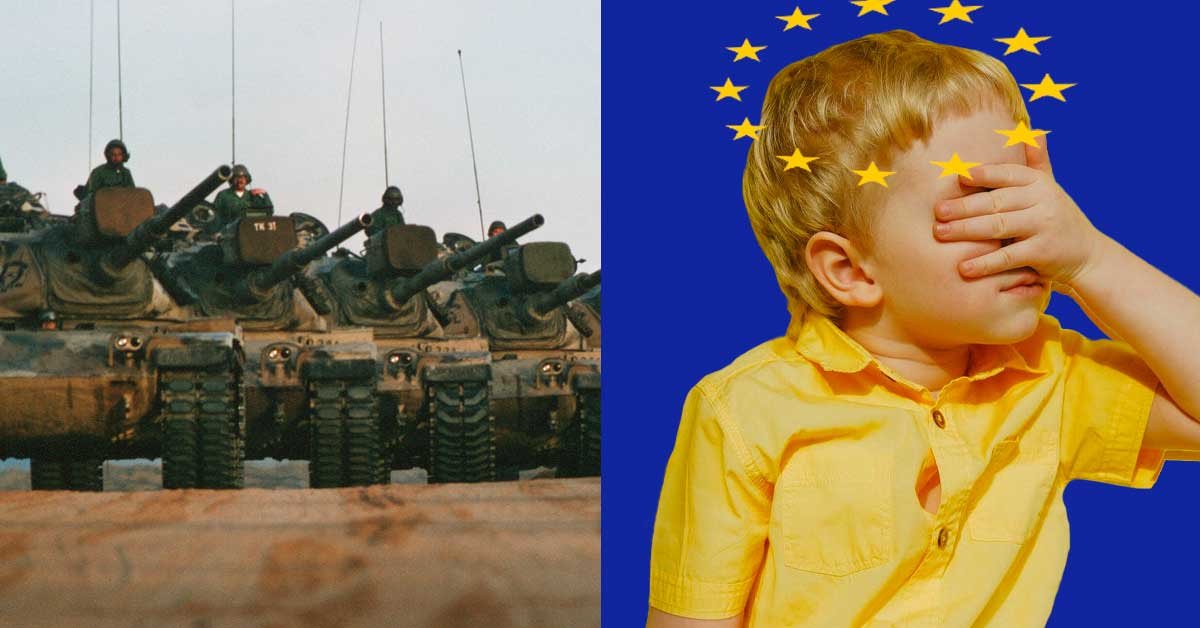 Na levi so vojaški tanki, na desni deček, ki simbolizira EU, v rumeni na modrem ozadju z obstretom iz evropskih zvezd, ki se zdrži za oči in je obrnjen stran.