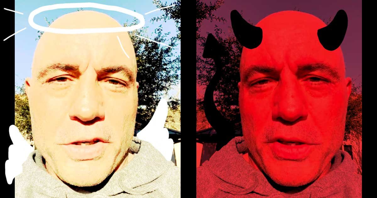 Na levi je Joe Rogan karikiran kot angelček, na desni pa kot hudiček.