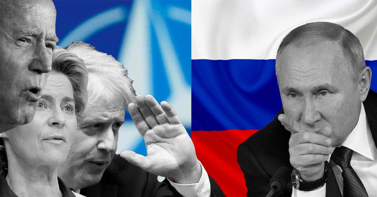 Fotomontaža: na levi so fotografije Bidna, Von der Leyen in Johnsona z NATO zastavo, na desni pa fotografija Putina z rusko zastavo. Oboji strmijo drug v drugega.