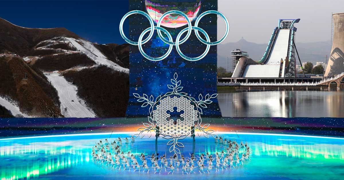Montaža fotografij, ki prikazuje otvoritev OI v Pekingu, v ozadju pa sta umetno zasneženo smučišče med zelenimi hribi ter ski slope v bližini termoelektrarne.
