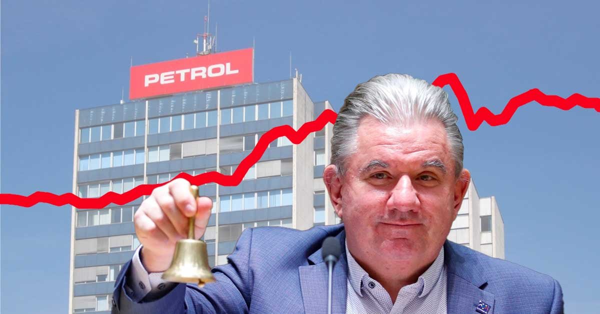Kolaž fotografij: minister Vizjak v opsredju z nasmehom in zvončkom v roki, v ozadju graf, ki prikazuje rast delnic Petrola in stavba Petrola v Ljubljani.