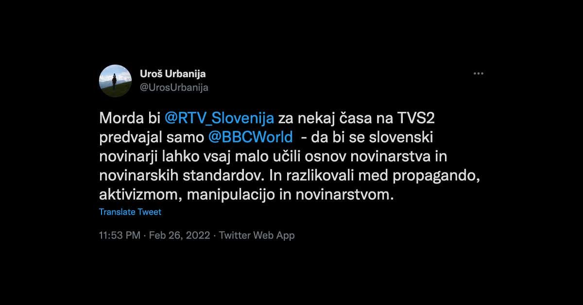 Tvit Uroša Urbanije, ki pravi: