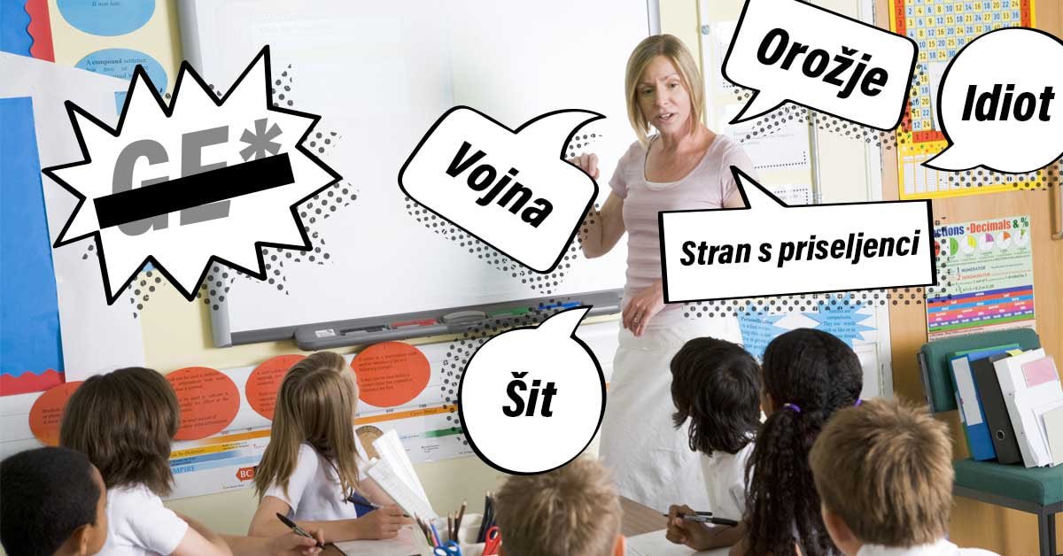 Učiteljica pred razredom. V oblačkih okoli nje so besede: vojna, orožje, idiot, šit ter stran s priseljenci. V oblačku stran od nje pa je napis GE*, ki je prečrtan.