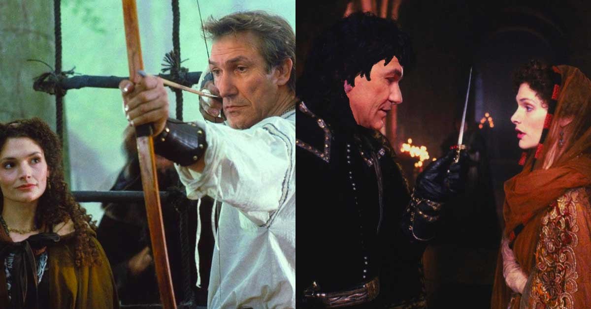 Montaža obraza Janeza Janše v karakter Robina Hooda na levi in zlobnega princa na desni.