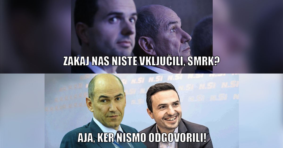 Zgoraj fotografija Tonina in Janše, na kateri izgledata zaskrbljena, pod njo piše: Zakaj nas niste vključili, smrk? Spodaj je fotografija nasmejanih Janše in Tonina, na njej pa piše: Aja, ker nismo odgovorili!