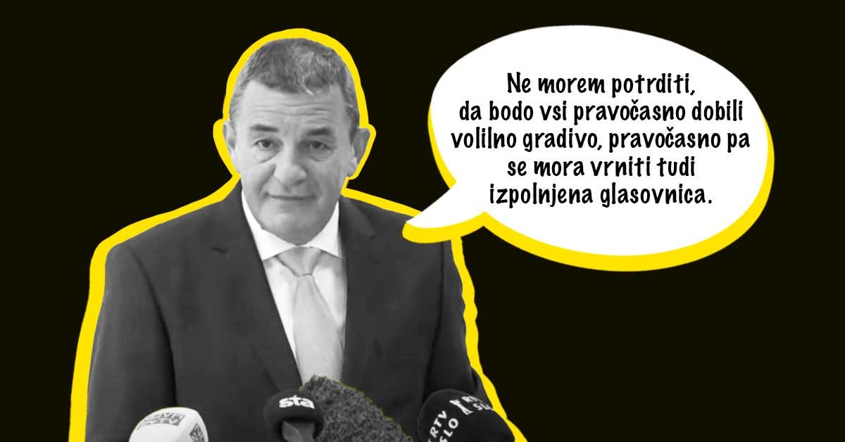 Fotografija Dušana Vučkota z oblačkov, v katerem piše: Ne morem potrditi, da bodo vsi pravočasno dobili volilno gradivo, pravočasno pa se mora vrniti tudi izpolnjena glasovnica.