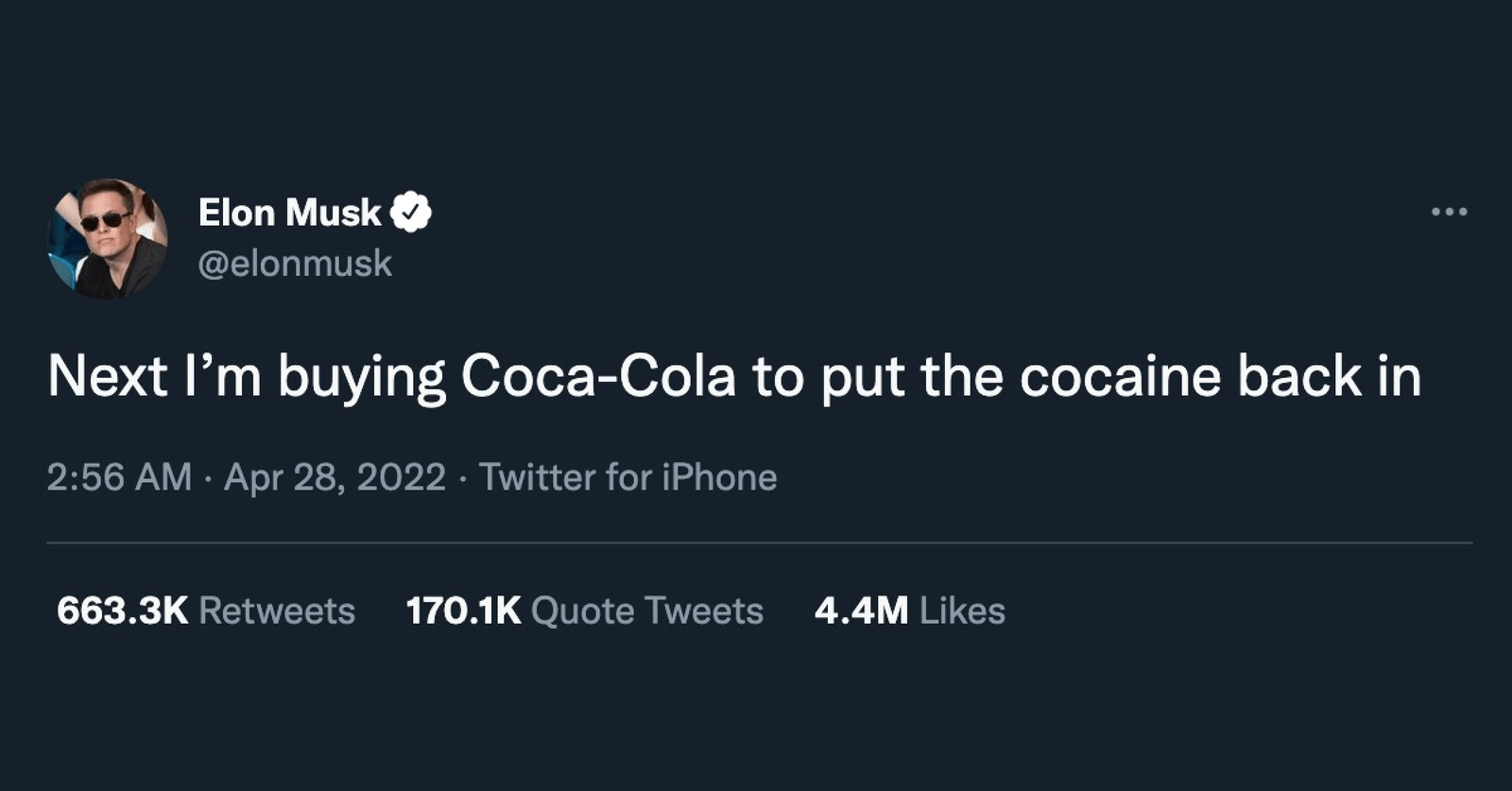 slika Muskovega tweeta, v katerem piše, da bo zdaj kupil Coca colo in vanjo vrnil kokain.
