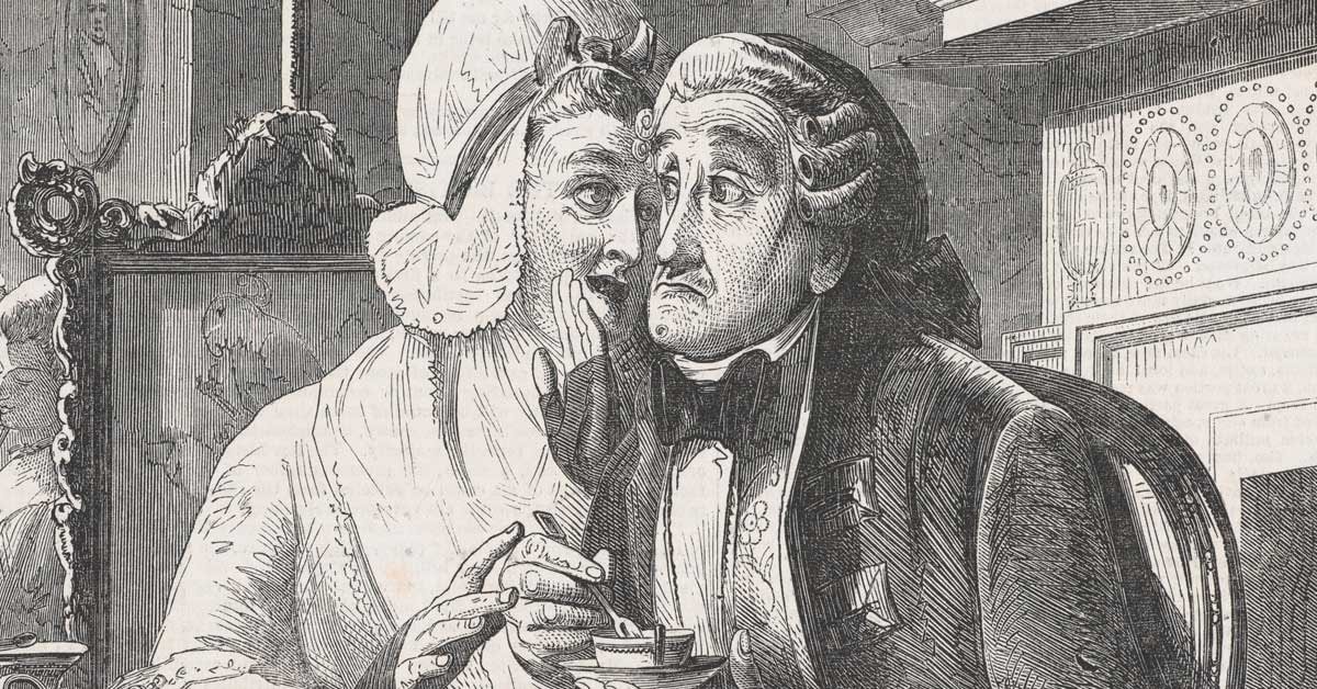 Stara ilustracija iz časopisa Illustrated London News (1851), ki prikazuje žensko, ki moškemu v uho šušlja govorico.