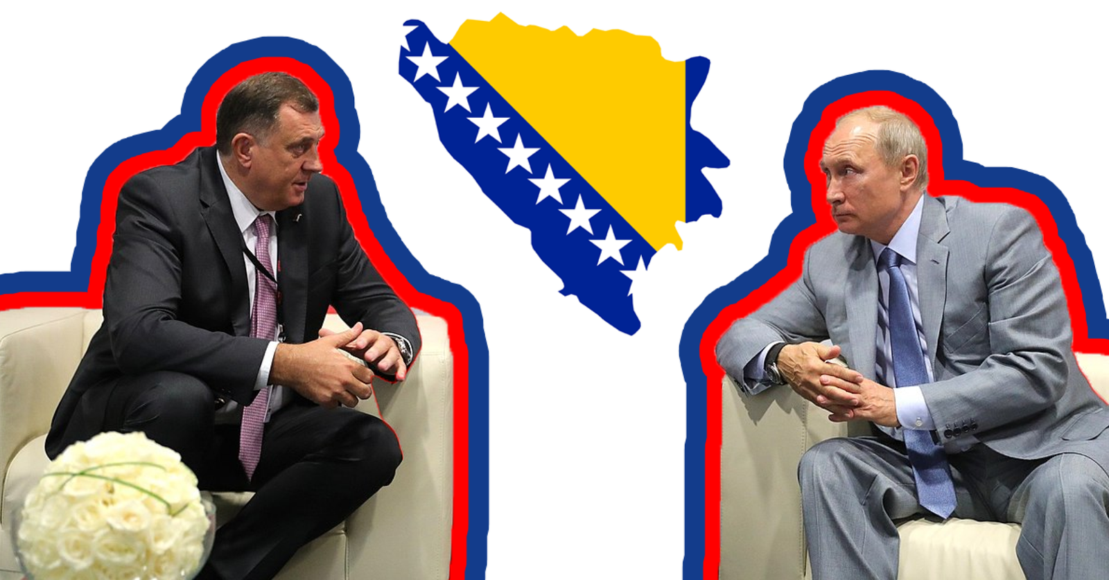 Slika Dodika in Putina v pogovoru, nad njima montaža Bosne v barvah ukrajinske zastave