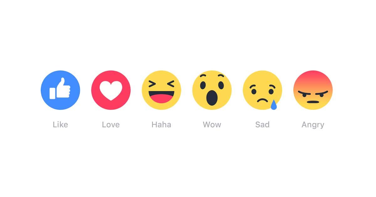 Facebookove reakcije zlistane, kot na Facebooku s pripisi Like, Love, Haha, Wow, Sad, Angry.