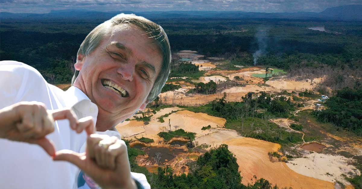 Jair Bolsonaro v ospredju, ki z rokami oblikuje simbol srca. V ozadju je fotografija svežega poseka v amazonskem pragozdu.