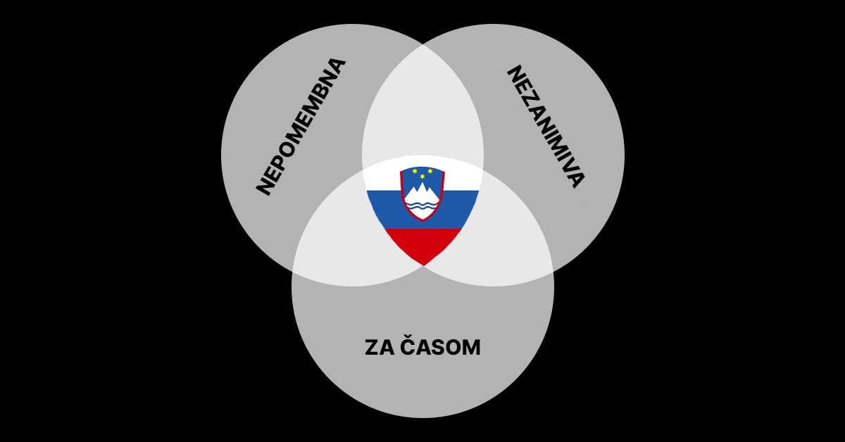 Vennov diagram, ki v preseku besed nepomembna, nezanimiva, za časom prikazuje slovensko zastavo.