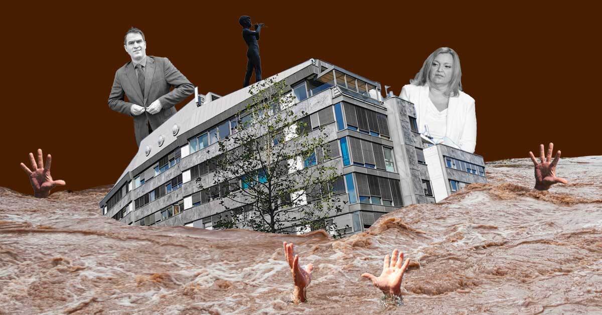 potapljajoča se nacionalka, na njej pa direktor in urednica informativnih programov