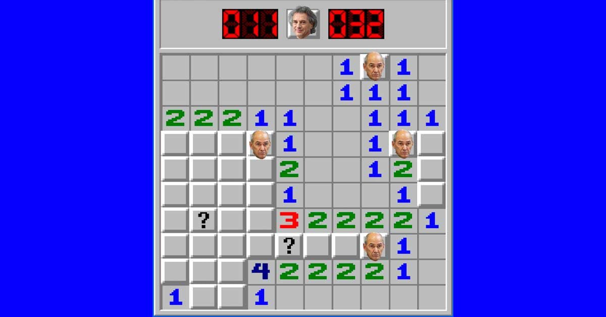 Simulacija igre Minolovec, kjer je na poljih z mino Janšev obraz, na ikoni za igralca pa Golobov obraz.