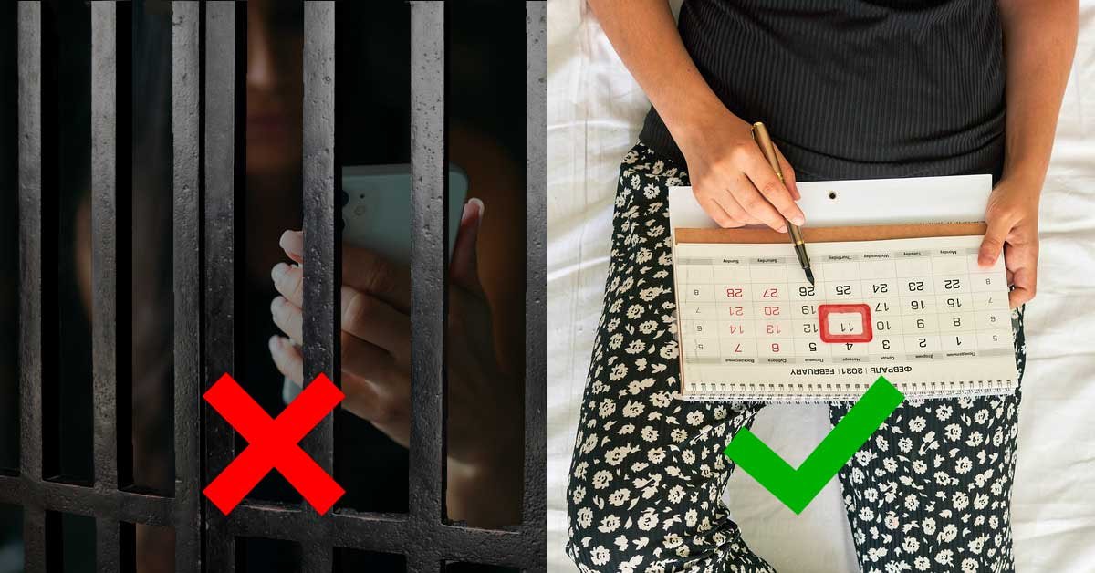 Slika je razdeljena na dva dela: na levi je ženska s telefonom za zapahi, pod njo rdeč X znak. Na desni je ženska, ki s pisalom označuje koledar, pod njo je zelena kljukica.