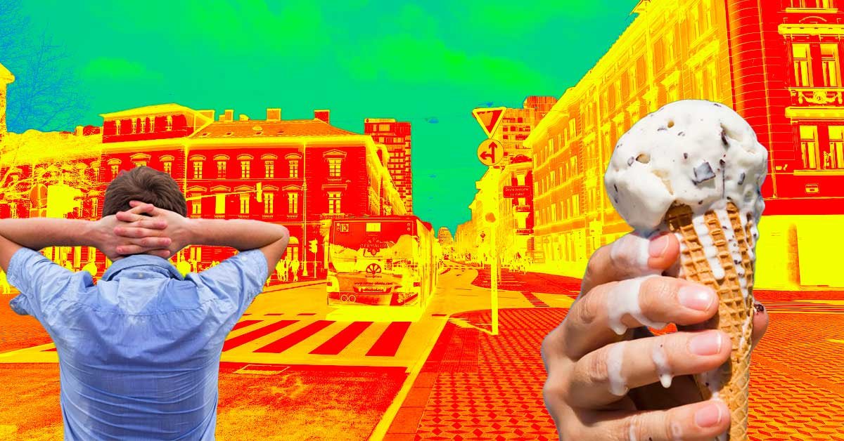 Fotomontaža Slovenske ceste v Ljubljani skozi infrardečo termalno kamero, v ospredju pa sta oseba v od znoja premočeni srajici in roka, ki drži sladoled, ki se topi.