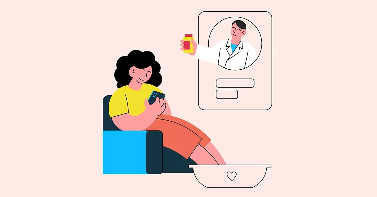 Ilustracija osebe, ki sedi v fotelju, gleda v telefon in namaka stopala, v oblačku pa je oseba v zdravniški halji, ki ji ponuja zdravila.