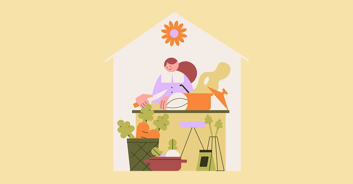 Ilustracija osebe v hiši, ki stoji za pultom in reže zelenjavo. Zraven nje je lonec, iz katerega se kadi, na tleh pa več zelenjave.