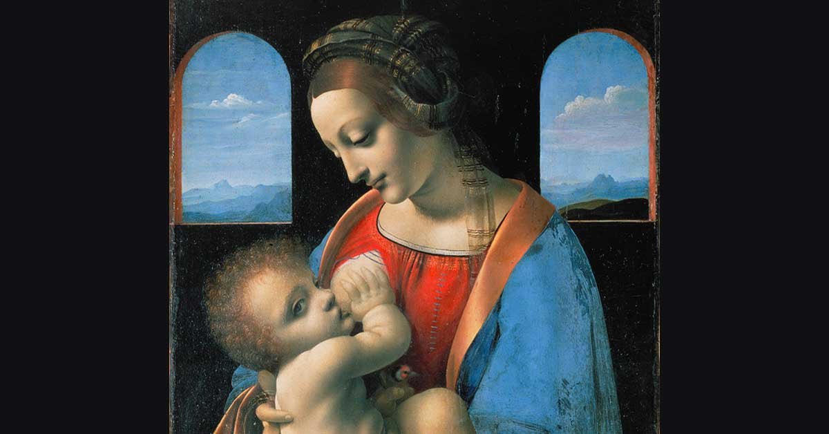 Leonardo da Vinci, Madonna Litta. Slika Marije, ki doji malega Jezusa.