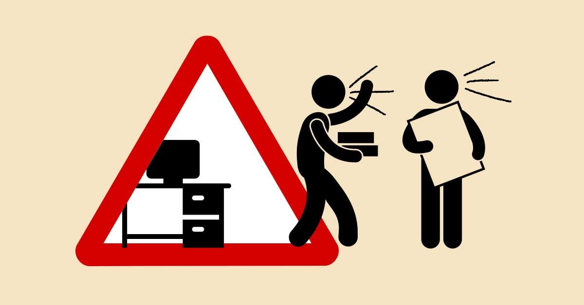 Prometni znak za nevarnost, v katerem je pisarniška miza z računalnikom. Iz znaka ven stopa oseba s knjigami v rokah in dvignjeno roko ter pristopa k osebi, ki v rokah drži plakat.