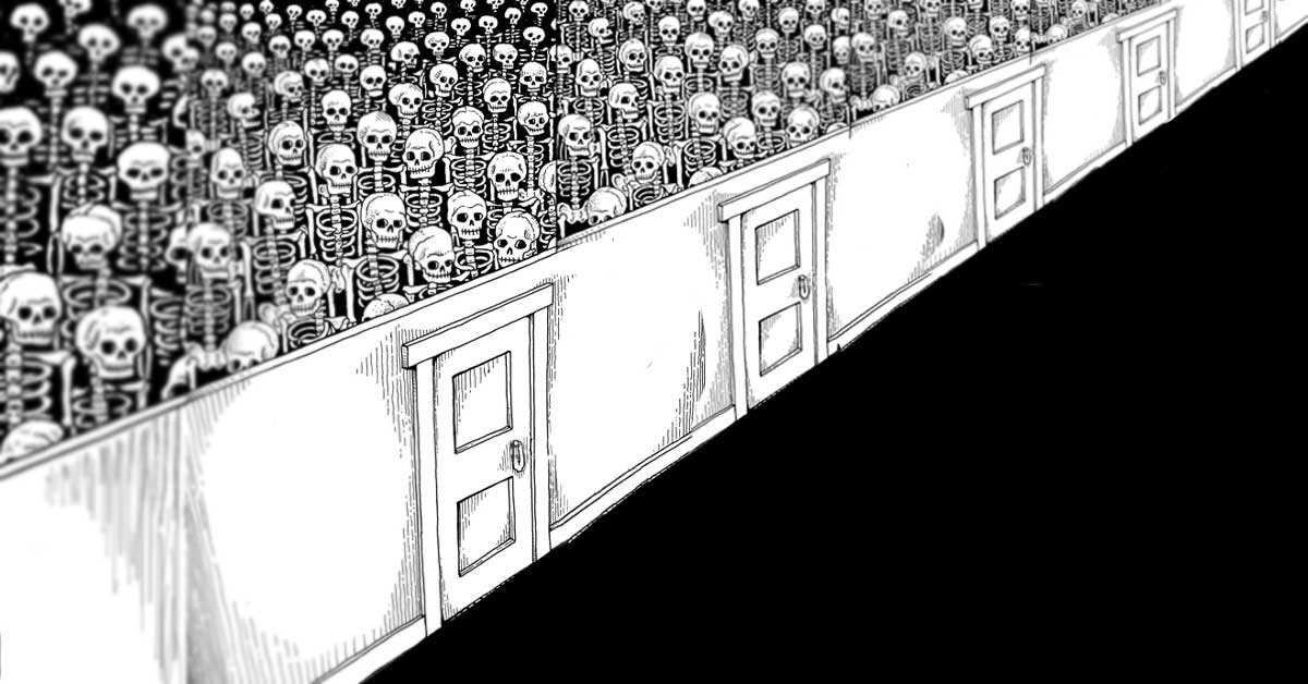 Ilustracija neskončne stene z vrati, za njimi pa se vidi množica okostnjakov.