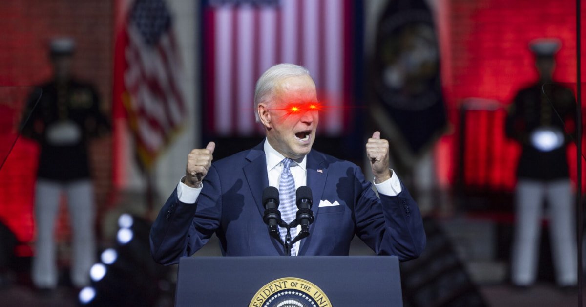 Meme Dark Brandon, na katerem je upodobljen Joe Biden z laserskimi očmi.
