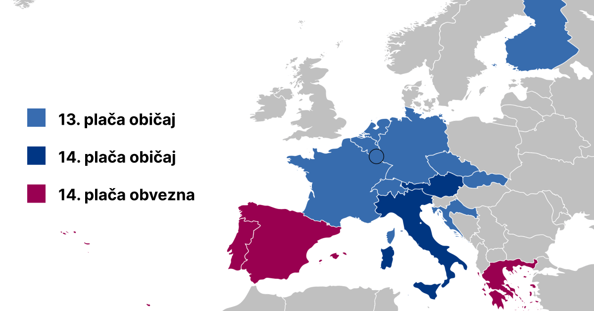 Zemljevid Evrope, na katerem so označene države, ki imajo obvezno ali običajno 13. in 14. plačo.