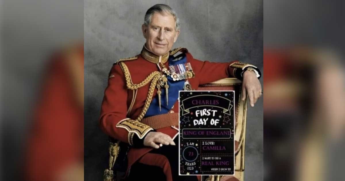 Kralj Karl III s tablo, ki pravi: Charles, First day of King of England. I am 71 years old. I love Camilla. I want to be a real king when I grow up.