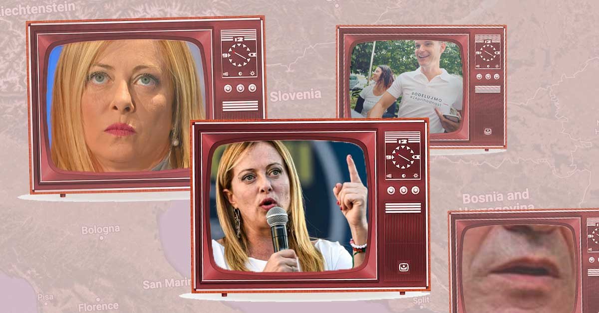 Kolaž fotografij: televizije z obrazi skrajne desničarke Giorgie Meloni, Logar v majici Sodelujmo za prihodnost in usta Janeza Janše.