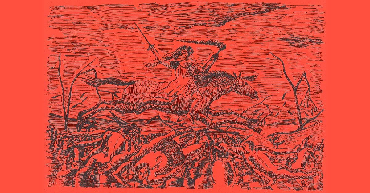 Henri Rousseau, Vojna. Litografija na rdečem papirju, ki prikazuje žensko na konju z bajonetom, ki skače nad trupli v uničeni pokrajini.