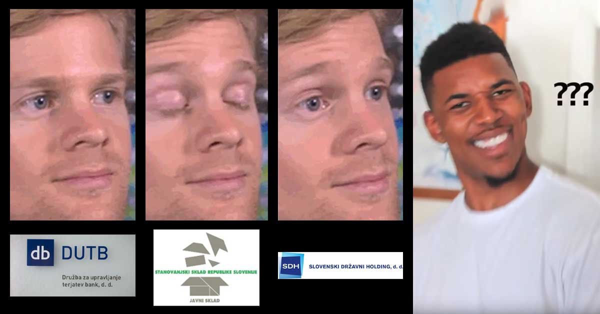 Meme Confused Blinking Guy z logotipi DUTB, Stanovanjski sklad RS in SDH. Desno je meme Confused Nick.