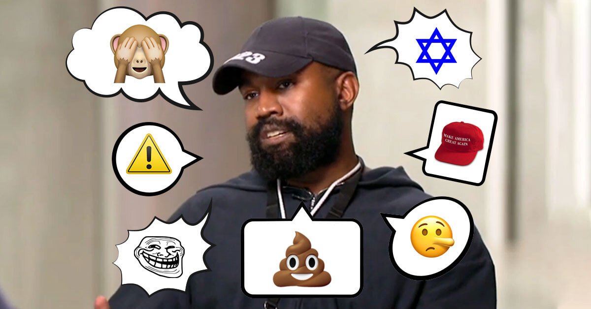 na sliki je Kanye West, okoli njega pa so stripovski mehurčki, v njih pa različni emotikoni: kakec, ostržek, davidova zvezda, trol, opica, ki se drži čez oči, rumen trikotnik s klicajem in maga kapa