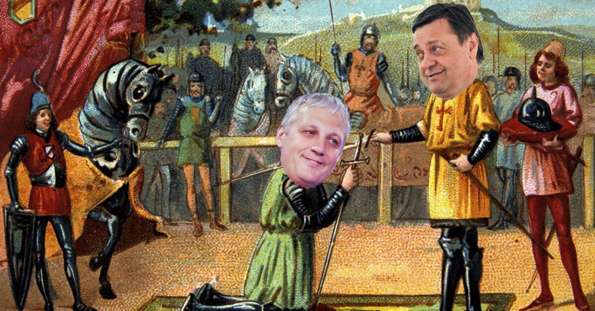 ilustracija, kjer je klečeči moški povzdignjen v viteški stan: na telo tistega, ki kleči, je namontirana glava Aleša Primca, na telo tistega, ki ga povzdiguje v viteza, pa Zorana Jankovića 