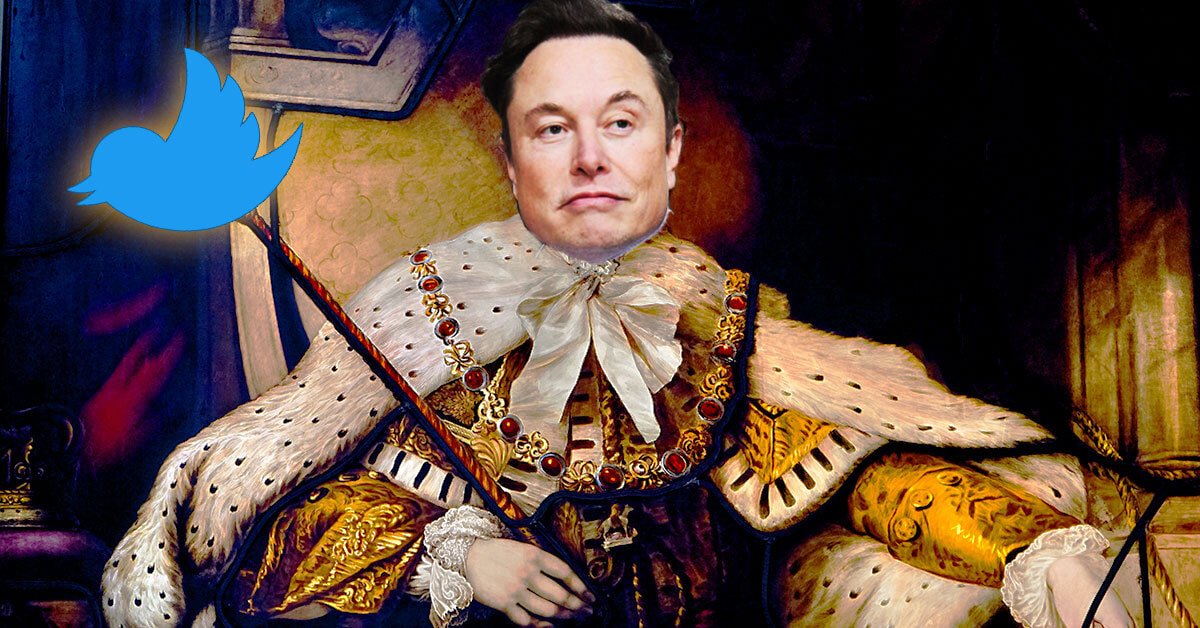 Elon Musk kot kralj z žezlom, na koncu katerega je moder ptič, simbol Twitterja
