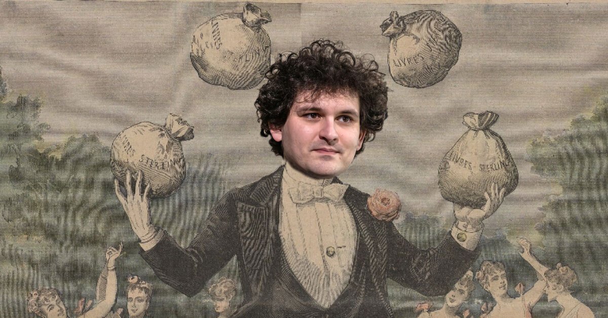 Fotomontaža, kjer je glava Sama Bankmana-Frieda nalepljena na telo moškega, ki žonglira z vrečami denarja