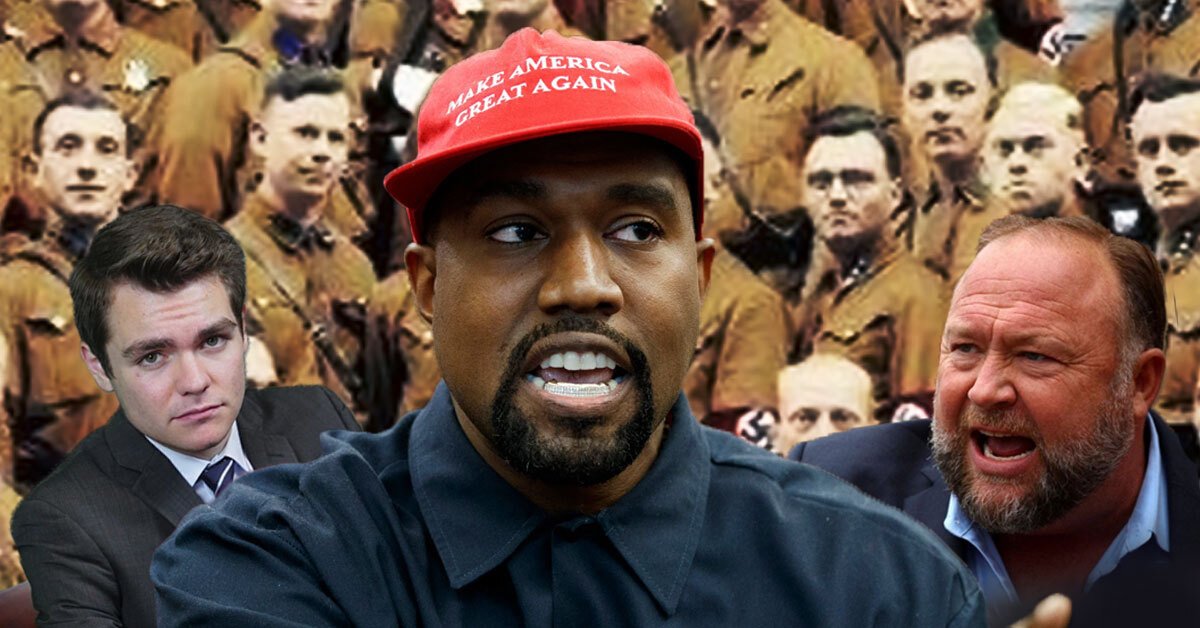 Kanye West, za njim pa prominentne desničarske figue, popolnoma v ozadju nacistični rjavosrajčniki