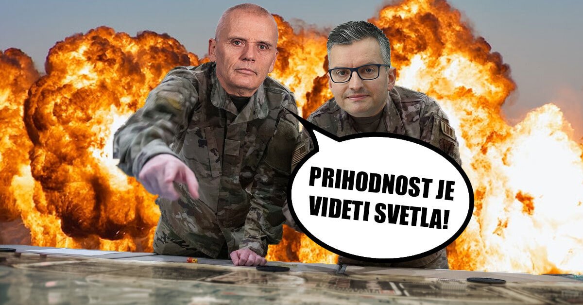 v ospredju sta minister Šarec in generalmajor Glavaš, ki se sklanjata nad zemljevidom, za njima pa se vidijo eksplozije. Generalmajor pravi: