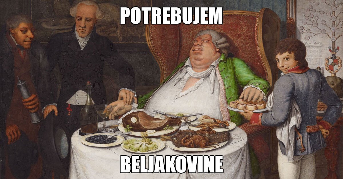Opizova slika Der Völler, ki prikazuje debelega moškega pred zvrhano mizo mesa in druge hrane. Zgoraj je napis