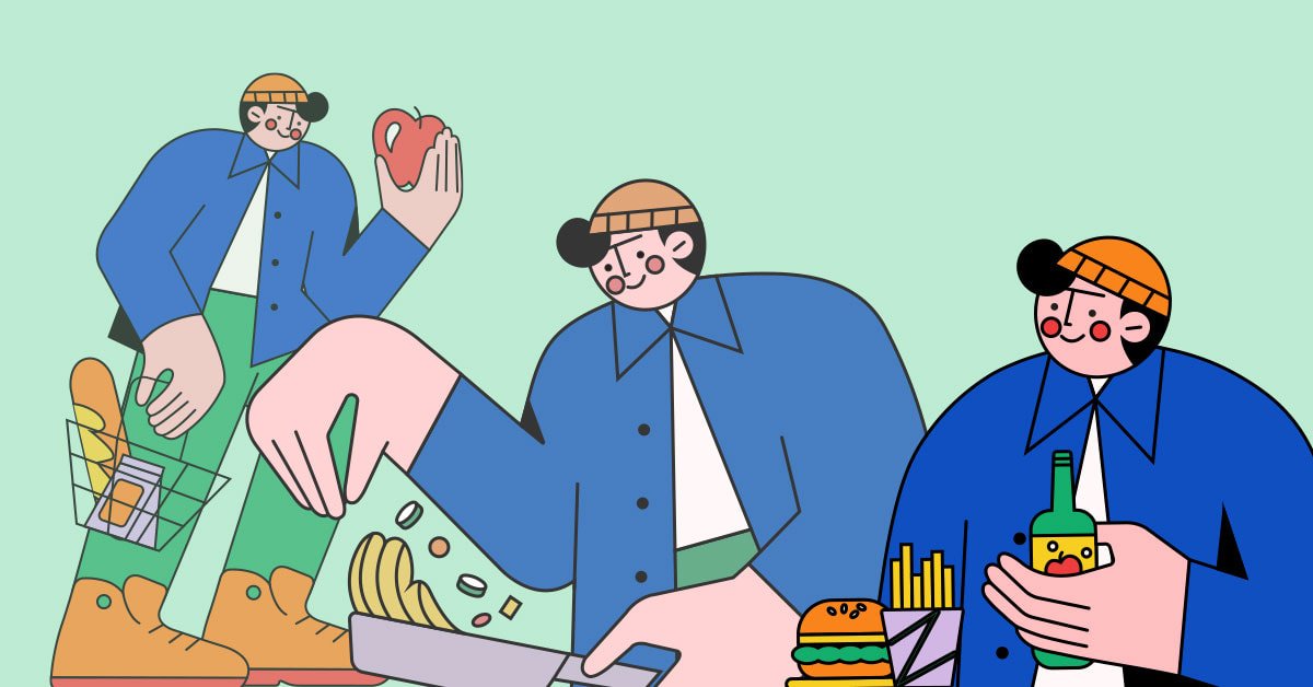 Ilustracije, ki kažejo veselo osebo, ki kupuje zelenjavo, kuha zelenjavo in je veganski obrok.