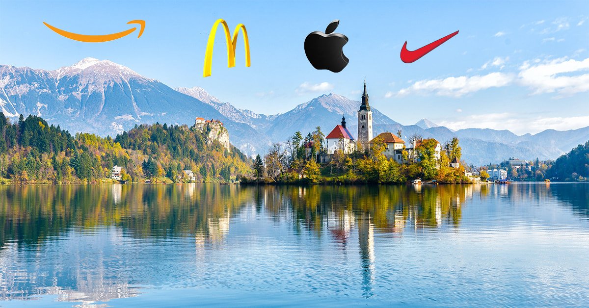 Blejski otok, na nebu pa reklame za podjetja Amazon, McDonald's, Apple in Nike