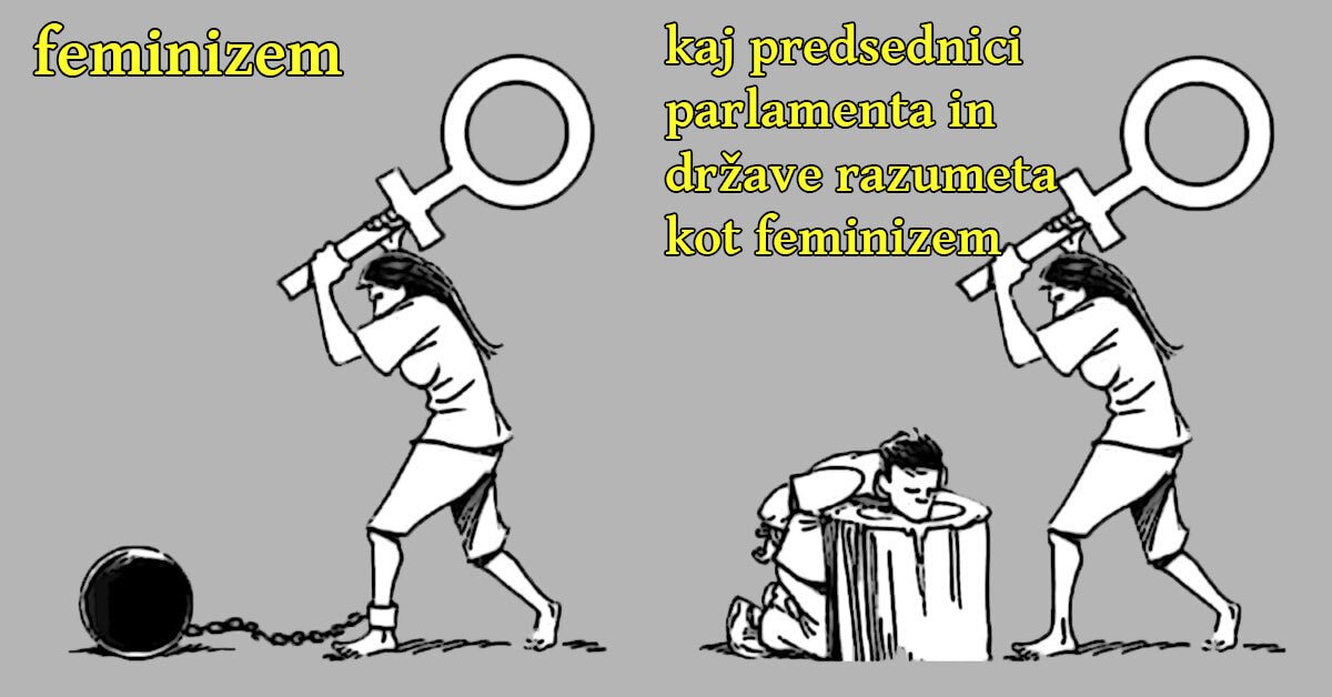 na levi je ženska, ki s simbolom za ženski spol razbija verigo, ki jo ima okoli noge. nad njo je napis