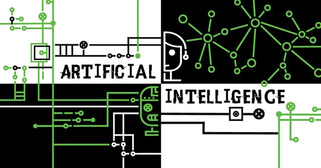 Abstraktna grafika z napisom ARTIFICIAL INTELLIGENCE. Slika je razdeljena na črno-bela polja, na katerih so z zelenimi in črnimi linijami v obliki računalniških vezij in omrežij povezani obrisi človeškega in robotskega obraza.