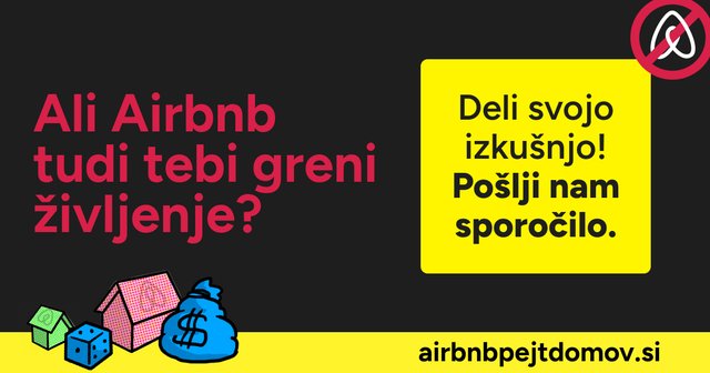 Grafika z napisom, na njej prečrtan Airbnb logotip in ilustracija hišič iz igre Monopoli, igralne kocke in vreče denarja