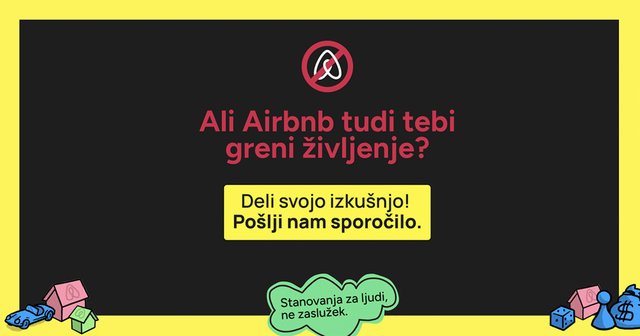 Ilustracije figur iz igre Monopoly z vprašanjem Ali Airbnb tudi tebi greni življenje in pozivom k deljenju izkušenj