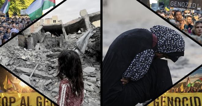 Kolaž protestov proti genocidu, palestinskih zastav ter prizorov uničenja in žalovanja, ki prikazujejo posledice vojne v Gazi.