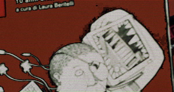 Rdeča grafika z italijanskim besedilom 10 anni di hacking e mediaattivismo, a cura di Laura Bertelli, in ilustracijo lika, povezanega s kabli ter računalniško opremo.