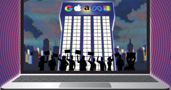 Ilustracija prenosnika, na zaslonu pa stavba z logotipi Googla, Appla, Amazona, Mete in Microsofta, pred katero protestira množica silhuet z napisi na transparentih.